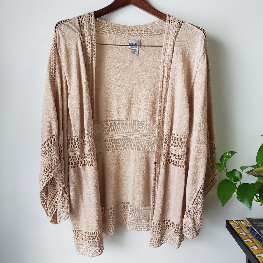 CHICO'S CROCHET BEIGE TAN KIMONO TOP SIZE 0